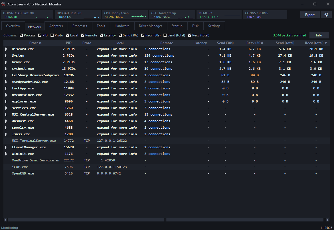 Atom Eyes PC & Network Monitor application window